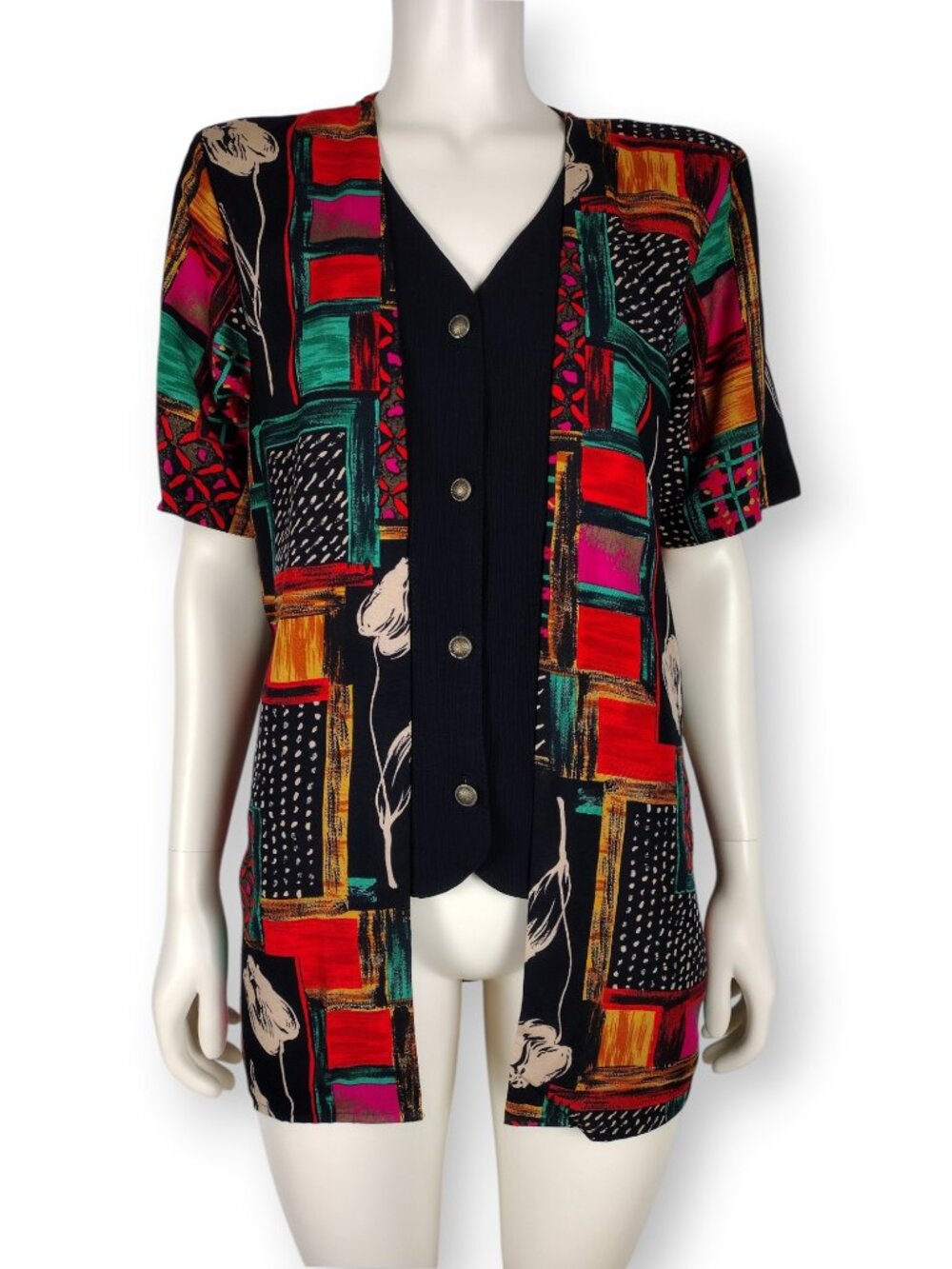 Vintage 1980s Cascais Colorful Oversized Layered Blouse Vest Jacket Set Size S